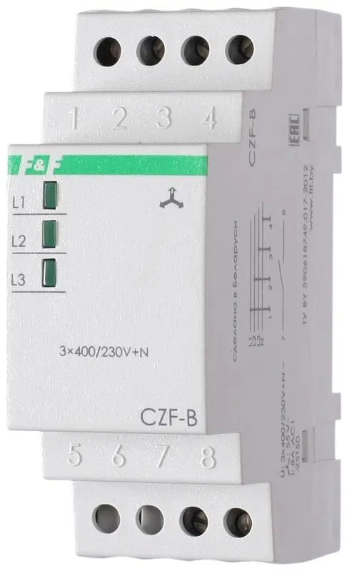 Реле контроля фаз CZF-B (3х400/230+N 8А 1перекл. IP20 монтаж на DIN-рейке) F&F EA04.001.002 Евроавтоматика F&F