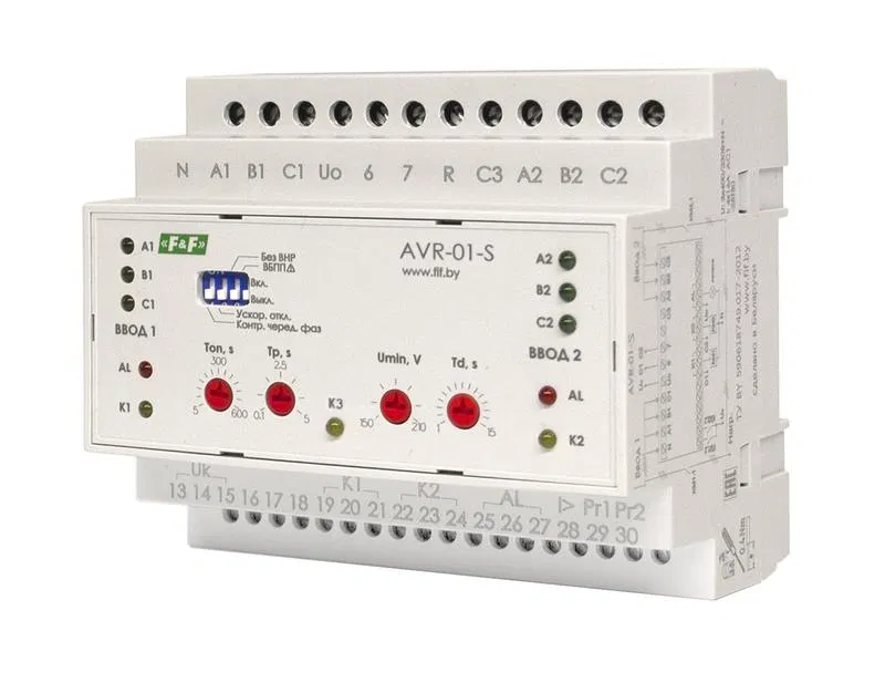 Устройство управления резервным питанием AVR-01-S (2 ввода; 2 нагрузки с секционным выключ. 35мм 3х400В+N 3х16А 3P IP20 монтаж на DIN-рейке) F&F EA04.006.002 Евроавтоматика F&F