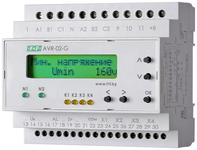 Устройство управления резервным питанием AVR-02-G (2 ввода однофункц. (для работы с генератором) ЖКИ индикатор 35мм 3х400В+N 5х8А 5P IP20 монтаж на DIN-рейке) F&F EA04.006.005 Евроавтоматика F&F