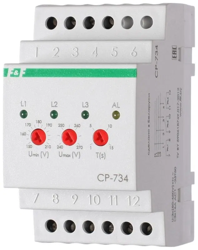 Реле напряжения CP-734 (трехфазное; контроль нижнего (150-210В) и верхнего (240-270В) порога напряжения; отдельный контакт на каждую фазу; монтаж на DIN-рейке 35мм 3х400/230 N 3х8А 3х1R IP20) F&F EA04.009.007 Евроавтоматика F&F