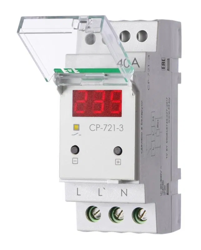 Реле напряжения CP-721-3 40А контроль напряжения: нижн. порог 140-210В верхн. порог 240-300В цифров. индикация напряжения 2мод. монтаж на DIN-рейку возможность пломбировки панели управления F&F EA04.009.021 Евроавтоматика F&F
