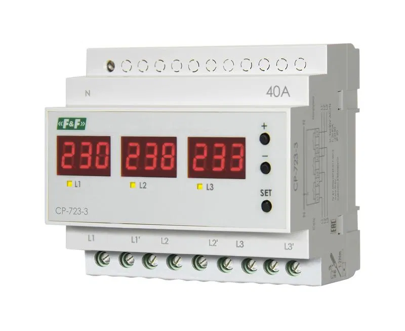 Реле напряжения CP-723-3 1ф/3ф 3х40А контроль напряжения: нижн. порог 140-210В верхн. порог 240-300В цифров. индикация напряжения 6мод. монтаж на DIN-рейку F&F EA04.009.022 Евроавтоматика F&F