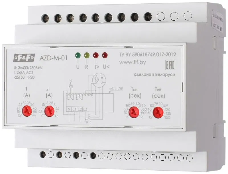 Автомат защиты электродвигателей AZD-M исп.1 10-59.5 А микропроцессорн. защита трехфазн. двигателей до 30кВт с транс. тока более 30кВт USB порт. 3х400/230+N 2х8А 2х1P IP20 F&F EA05.004.001 Евроавтоматика F&F