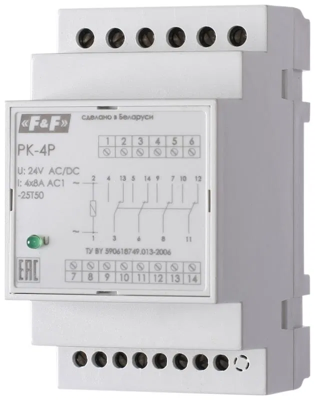 Реле промежуточное PK-4P/Un (монтаж на DIN-рейке 35мм 110В 50Гц 4х8А 4 перекл.) F&F EA06.001.013 Евроавтоматика F&F