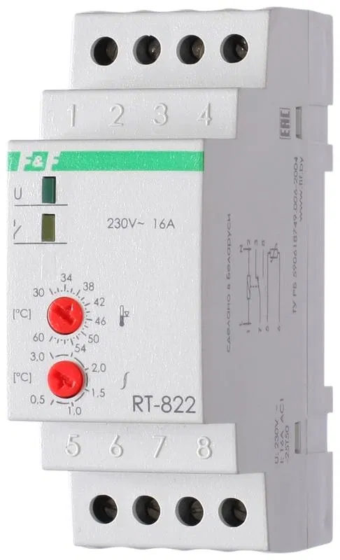 Регулятор температуры RT-822 (от +30 до +60 град.C; выносной датчик; монтаж на DIN-рейке 35мм 50-260В 16А 1P IP20) F&F EA07.001.005 Евроавтоматика F&F