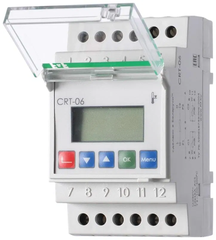 Регулятор температуры CRT-06 (от -100 до +400 град.C; микропроцессорный; многофункц.; ЖКИ индикация; с возможностью подкл. двух выносных датчиков РТ100; монтаж на DIN-рейке 35мм 230В AC 16А 2х1Z IP20) F&F EA07.001.011 Евроавтоматика F&F