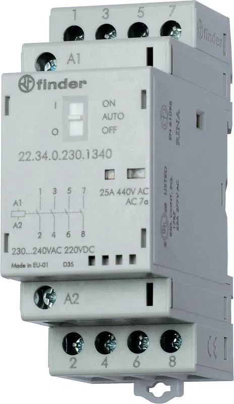 Контактор модульный 3NO+1NC 25А AgSnO2 120В AC/DC 35мм IP20 опции: переключатель Авто-Вкл-Выкл + мех.индикатор + LED FINDER 223401204740