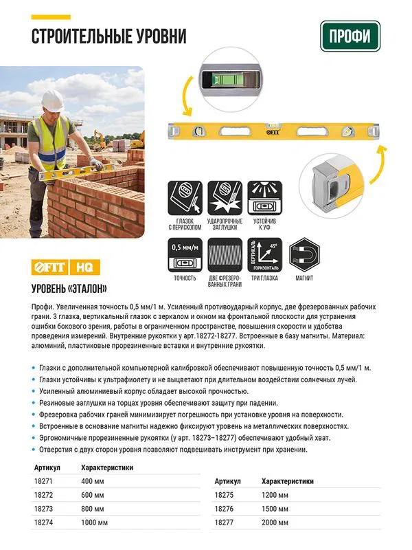 Уровень "Эталон" 0.5мм/м Профи 1500мм 3 глазка зеркало усилен. корпус фрезерованные рабочие грани магниты ручки FIT 18276