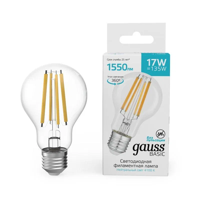 Лампа светодиодная филаментная Basic Filament А60 17Вт 4100К Е27 1550лм GAUSS 10212272