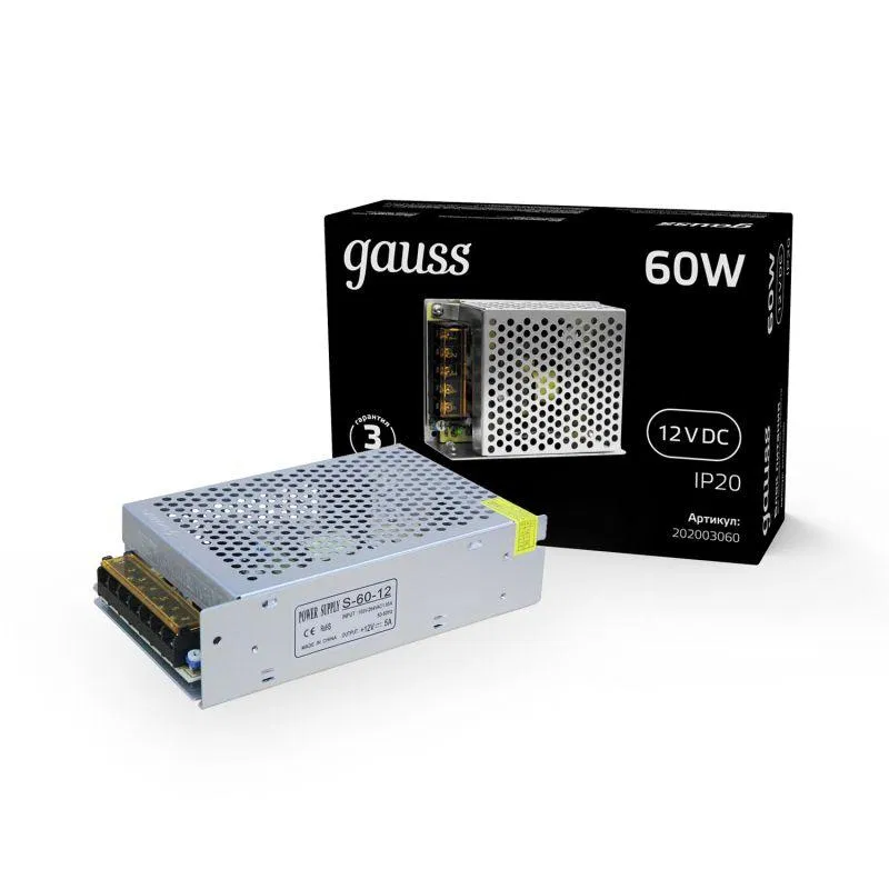 Блок питания для светодиодной ленты Black 60Вт 12В IP20 (драйвер) GAUSS 202003060