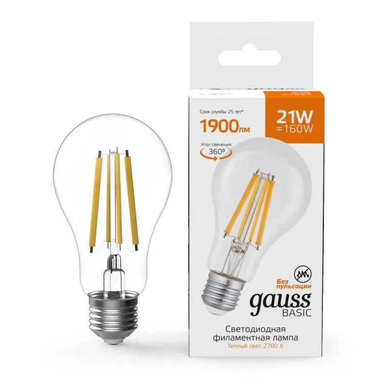 Лампа светодиодная филаментная Basic Filament А70 21Вт 2700К Е27 1900лм GAUSS 40712112