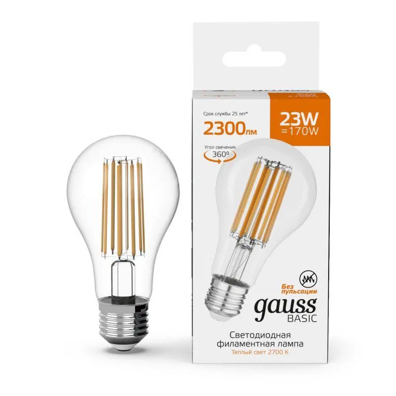 Лампа светодиодная филаментная Basic Filament А70 23Вт 2700К Е27 2300лм GAUSS 40712132