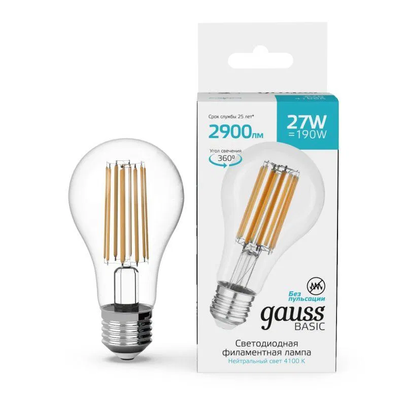 Лампа светодиодная филаментная Basic Filament А70 27Вт 4100К Е27 2900лм GAUSS 40712272