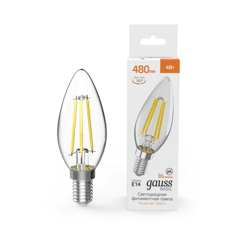 Лампа светодиодная филаментная Basic Filament 4Вт Свеча 3000К E14 480лм GAUSS 50312142