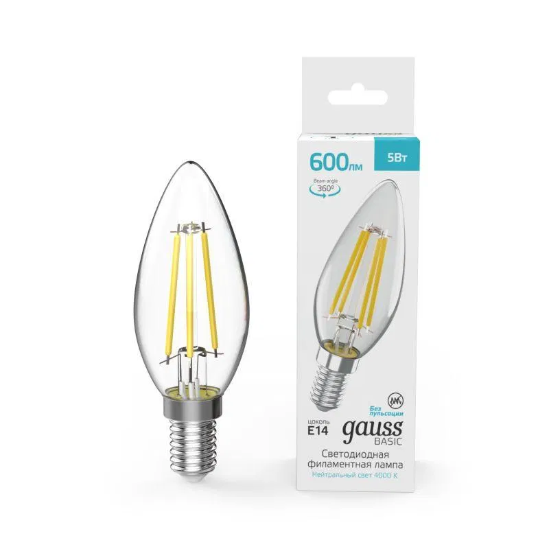 Лампа светодиодная филаментная Basic Filament 5Вт Свеча 4000К E14 600лм GAUSS 50312252