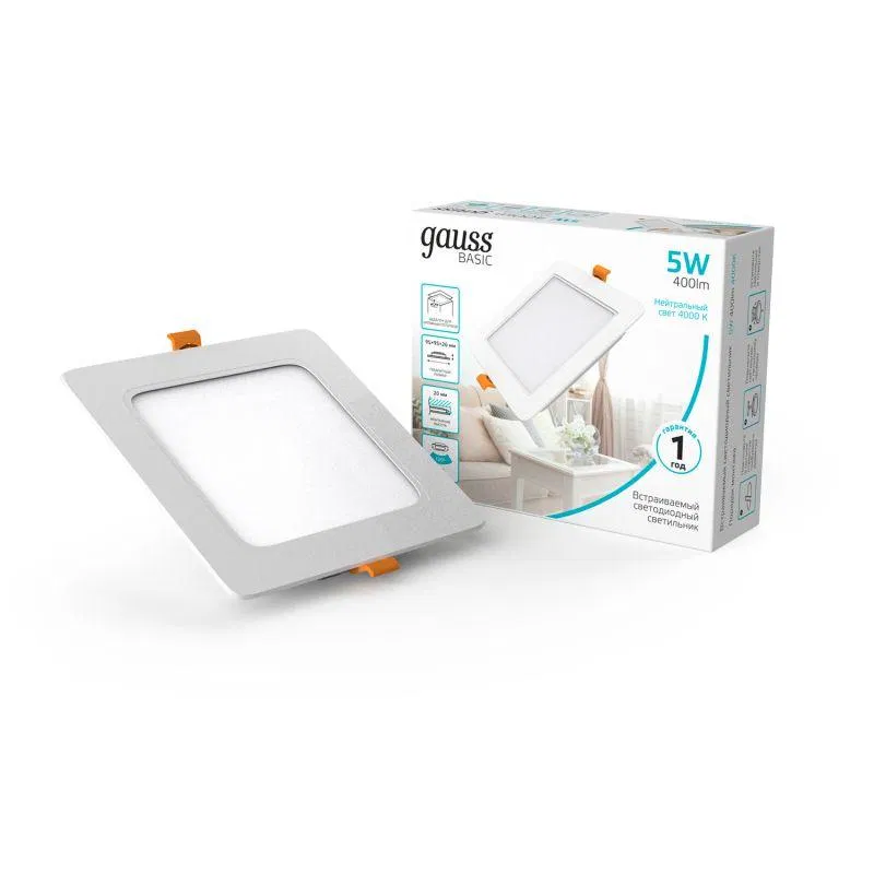 Светильник светодиодный Basic Downlight 5Вт 4000К IP20 400лм 170-260В 95х26 квадрат бел. GAUSS 9031420205