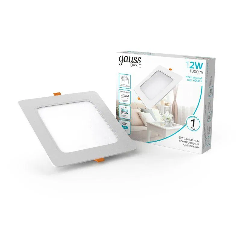 Светильник светодиодный Basic Downlight 12Вт 4000К IP20 1000лм 170-260В 145х26 квадрат бел. GAUSS 9031420212