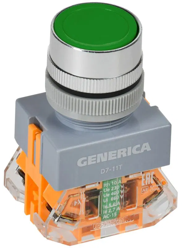 Кнопка D7-11T d22мм 1НО+1НЗ с фиксацией зел. GENERICA BBT50-11T-3-21-K06-G