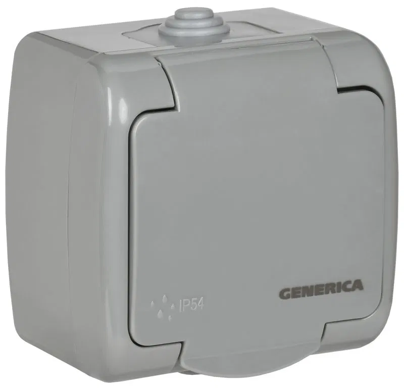 Розетка 1-м ОП AQUATIC РСш12-2-А 16А IP54 с заземл. с крышкой GENERICA ERA12-K03-16-54