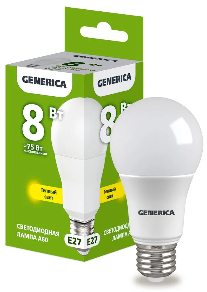Лампа светодиодная A60 груша 8Вт 230В 3000К E27 GENERICA LL-A60-08-230-30-E27-G