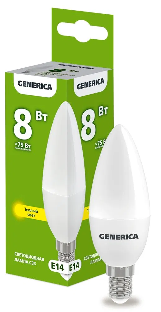 Лампа светодиодная C35 свеча 8Вт 230В 3000К E14 GENERICA LL-C35-08-230-30-E14-G