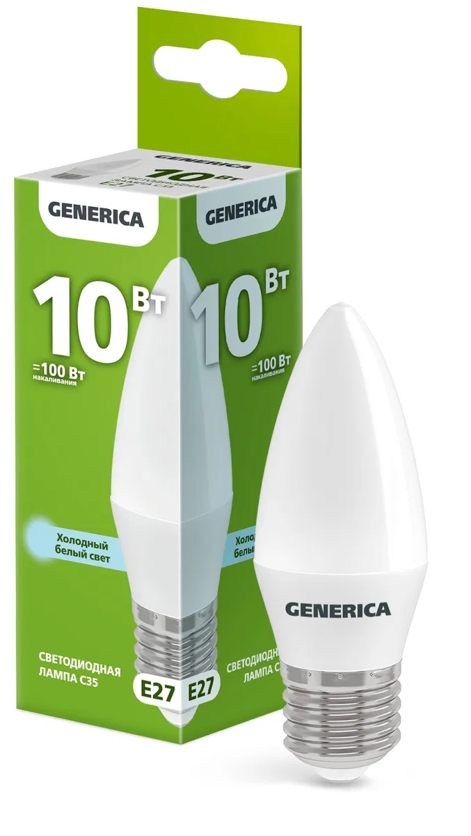 Лампа светодиодная C35 свеча 10Вт 230В 6500К E27 GENERICA LL-C35-10-230-65-E27-G