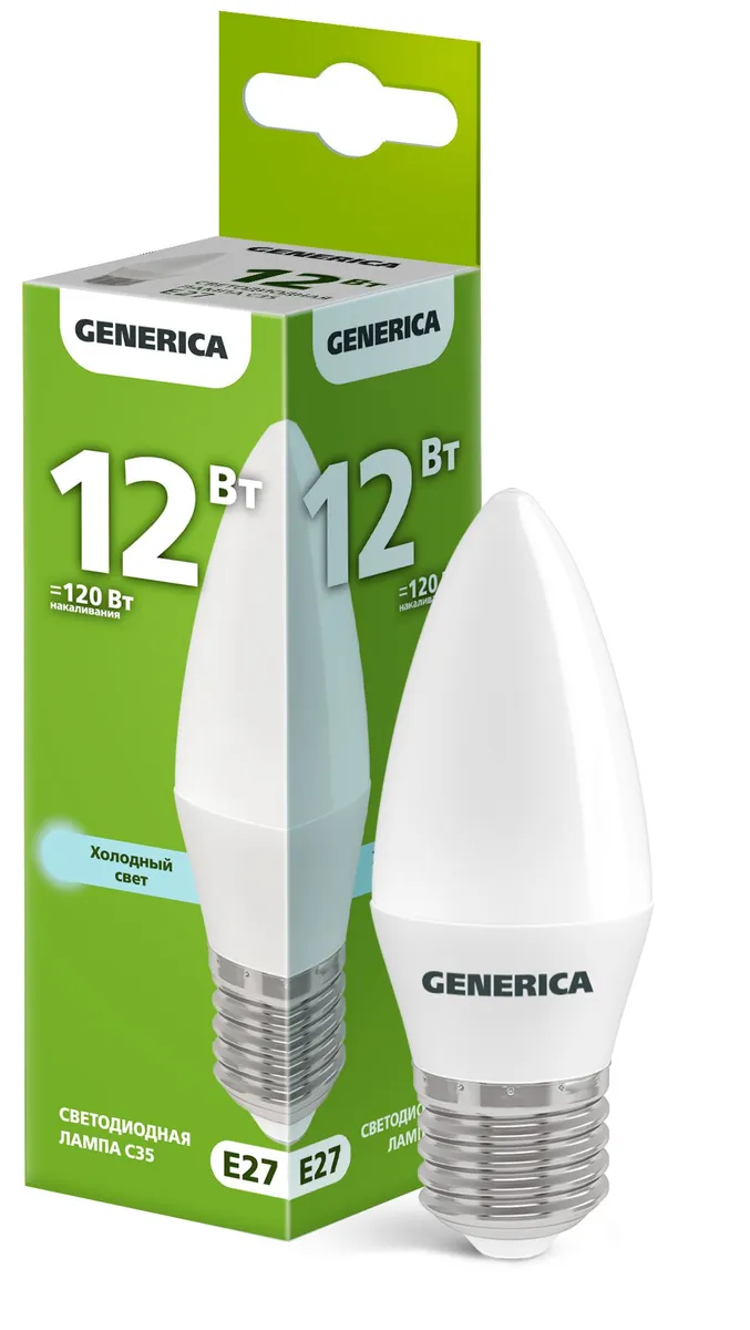Лампа светодиодная C35 свеча 12Вт 230В 6500К E27 GENERICA