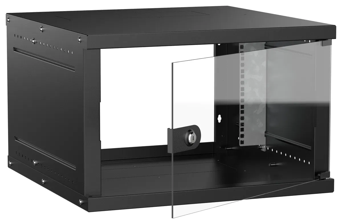 Шкаф настенный 19" 6U 600х600мм стеклянная дверь черный GENERICA LWE5-06U66-GF-G