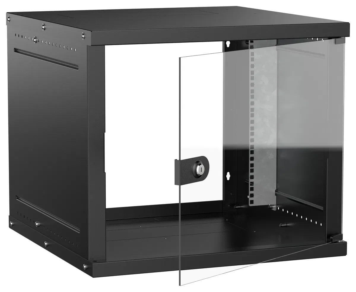 Шкаф настенный 19" 9U 600х600мм стеклянная дверь черный GENERICA LWE5-09U66-GF-G