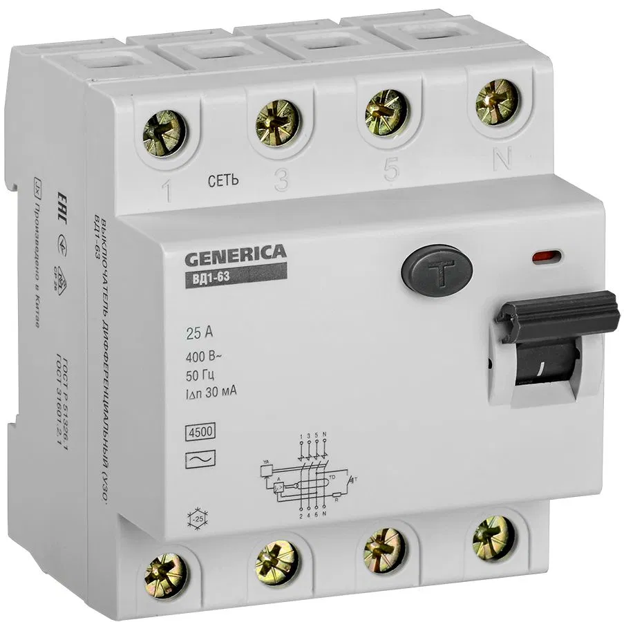 Выключатель дифференциальный (УЗО) ВД1-63 4Р 25А 30мА GENERICA MDV15-4-025-030