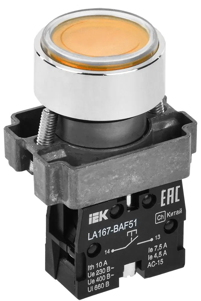 Кнопка управления LA167-BAF51 d=22мм 1NO желтая IEK BBT20-BAF51-1-22-67-K05
