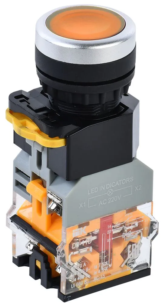 Кнопка управления D8-11D d=22мм 1NO+1NC с подсветкой желтая IEK BBT30-11D-3-12-K05
