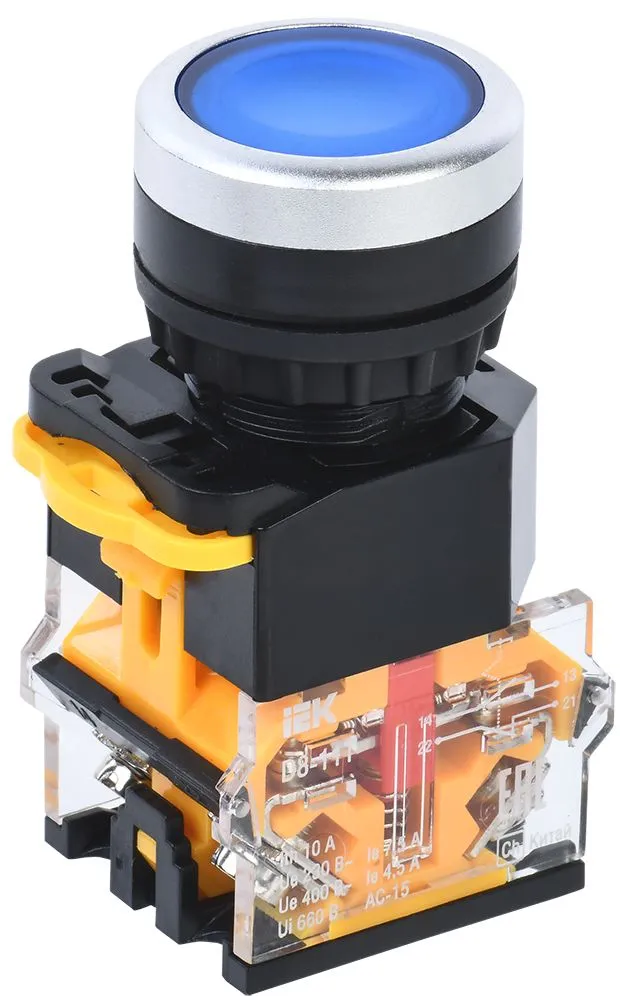 Кнопка управления D8-11T d=22мм 1NO+1NC с фиксацией синяя IEK BBT30-11T-3-21-K07