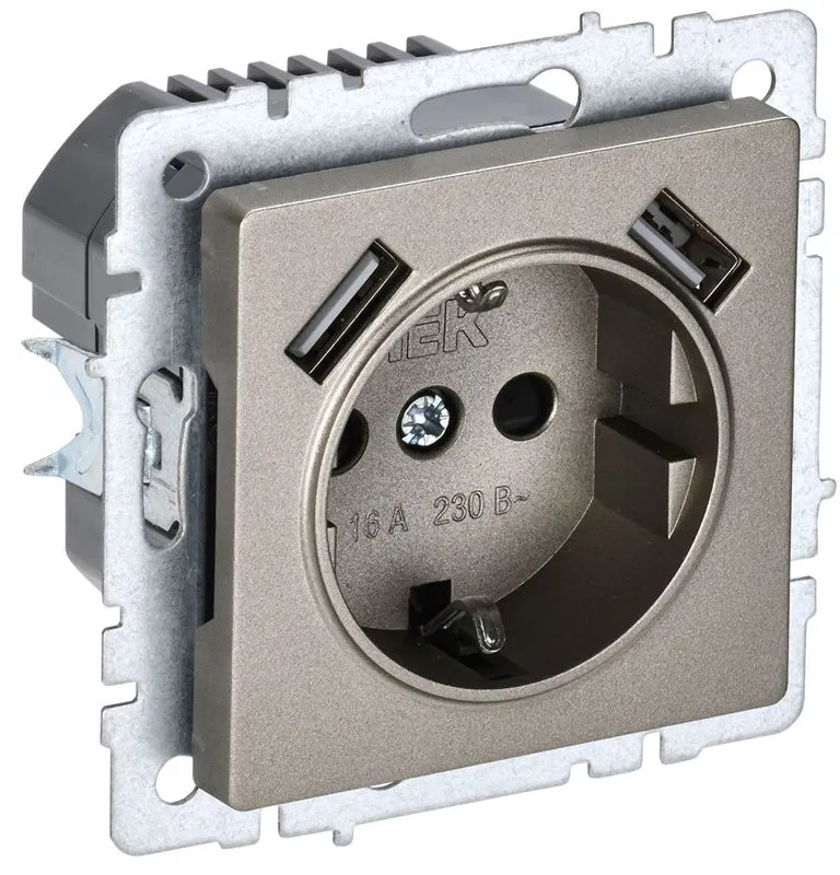 Розетка BRITE РЮш10-1-БрШ 16А с USB A+A 2.1А с заземл. защ. шторки механизм шампань IEK BR-R14-16-U21-D21-K37