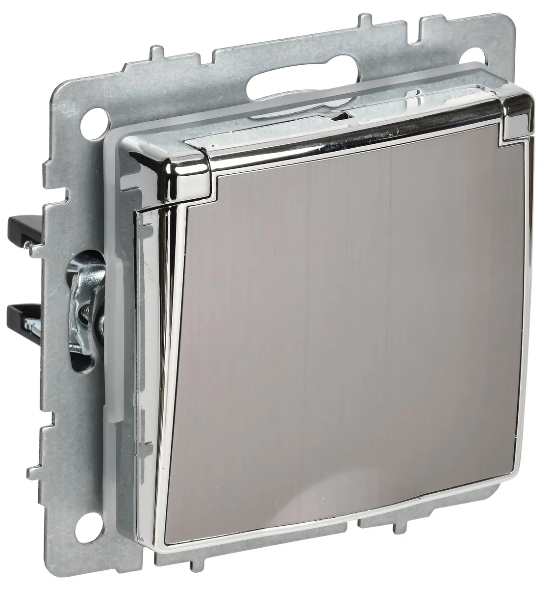 BRITE Розетка 1-местная с заземлением с защитными шторками и крышкой 16А IP44 РСбш10-3-44-БрГН металл хром/никель IEK BR-R16-16-44-M-K23