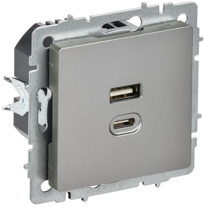 Розетка СП BRITE РЮ11-2-БрС USB A+C 45Вт высокоскор. заряд. сталь IEK BR-U22-045-K46
