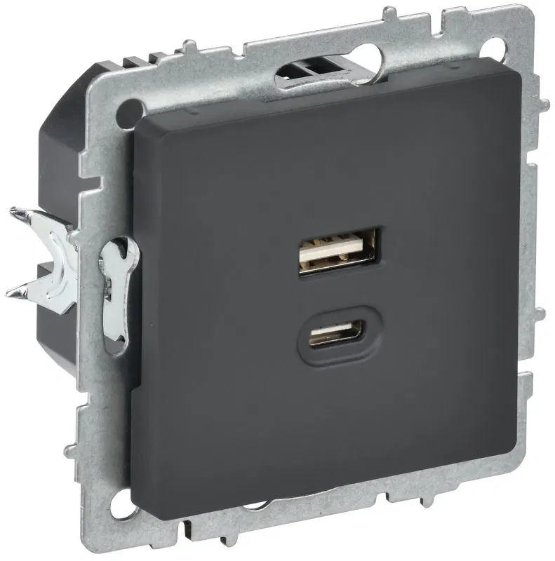 Розетка СП BRITE РЮ11-2-БрГ USB A+C 45Вт высокоскор. заряд. графит IEK BR-U22-045-K53