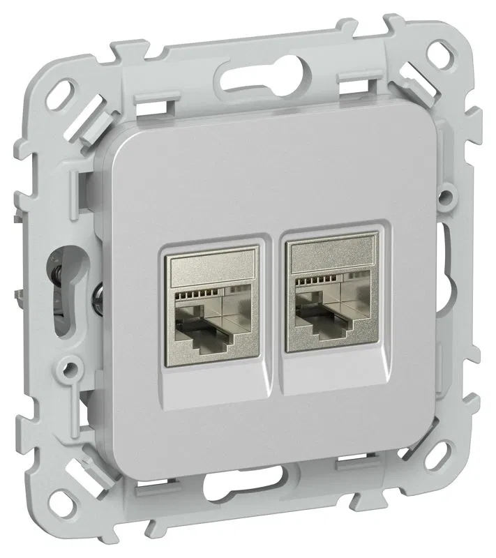 Розетка 2-м СП FLITE РКТ5е/3-2-1-ФлА RJ45/RJ11 кат.5E/3 STP механизм алюм. IEK FI-KT21-1-K47