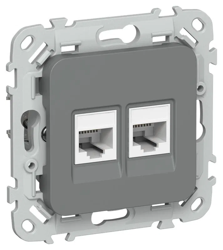 Розетка 2-м СП FLITE РКТ5е/3-2-0-ФлМА RJ45/RJ11 кат.5E/3 UTP механизм мокрый асфальт IEK FI-KT22-1-K80