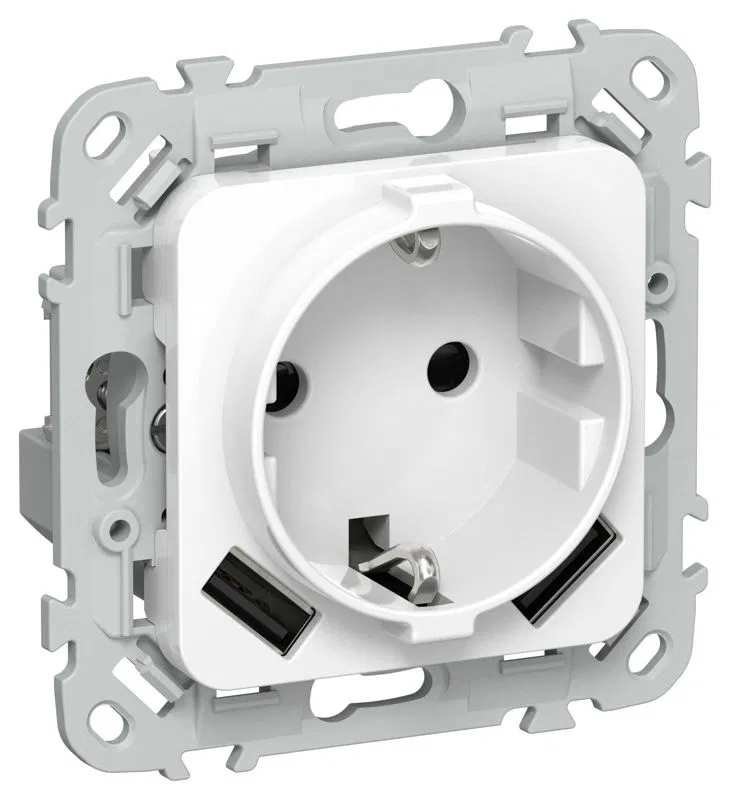 Розетка 1-м СП FLITE РСЮша11-1-ФлБ 16А с USB A+A 3.1А с заземл. с защ. шторками безвинтовое крепление механизм бел. IEK FI-R14-16-1-U21-D31-K01