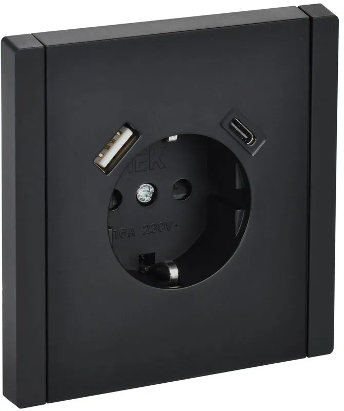 Розетка FORTE&PIANO FP147 16А USB A+C 18Вт с заземл. защ. шторки винт. крепл. черн. IEK FP-R14-16-U22-018-K02