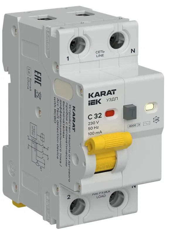 Устройство защиты от дугового пробоя с автоматическим выключателем дифференциального тока (УЗДП + АВДТ) 1P+N C 32А 100мА тип AC KARAT IEK KA-DP12-1-032-C-100-AC