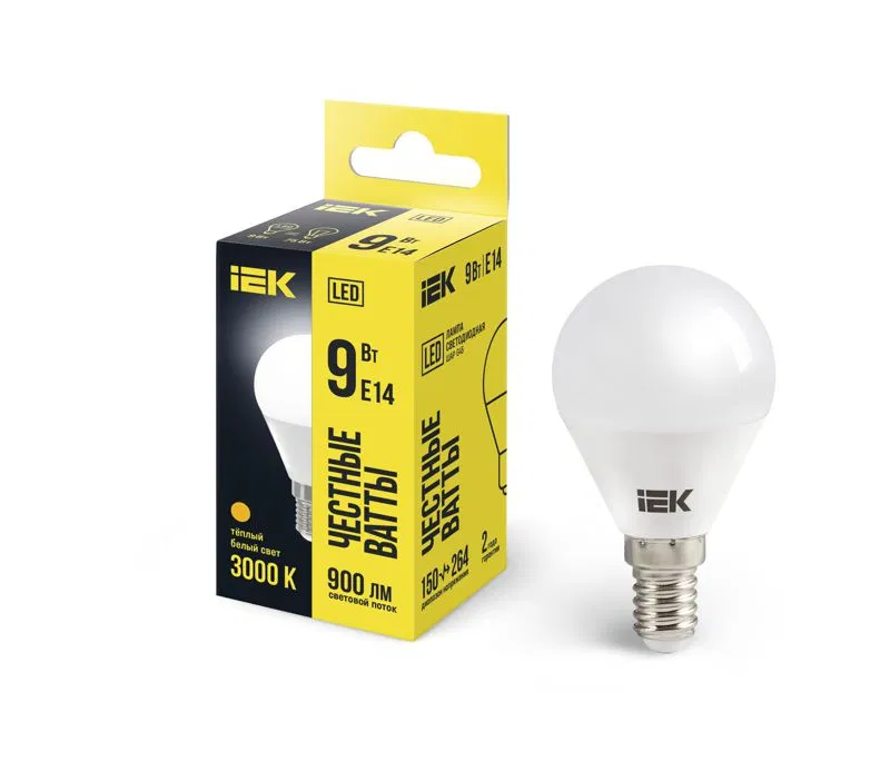 Лампа светодиодная G45 9Вт шар 3000К E14 230В IEK LLE-G45-9-230-30-E14