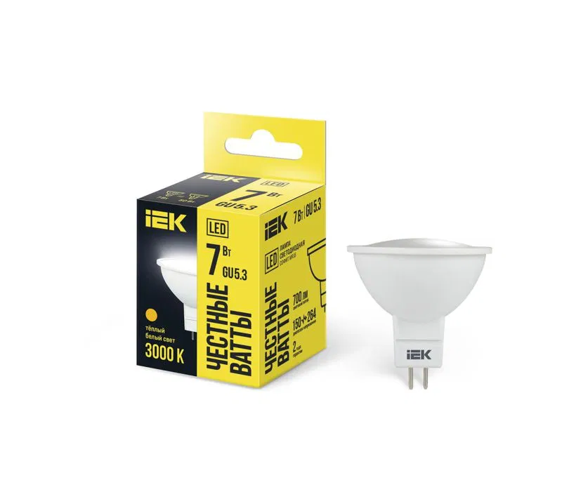 Лампа светодиодная MR16 7Вт 3000К тепл. бел. GU5.3 630лм 230-240В IEK LLE-MR16-7-230-30-GU5