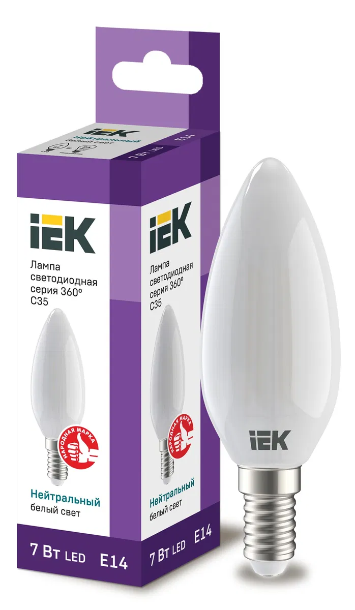 Лампа светодиодная C35 свеча матовая 7Вт 230В 4000К E14 серия 360° IEK LLF-C35-7-230-40-E14-FR
