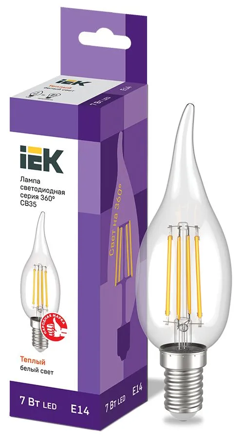 Лампа светодиодная CВ35 свеча на ветру прозрачная 7Вт 230В 3000К E14 серия 360° IEK LLF-CB35-7-230-30-E14-CL