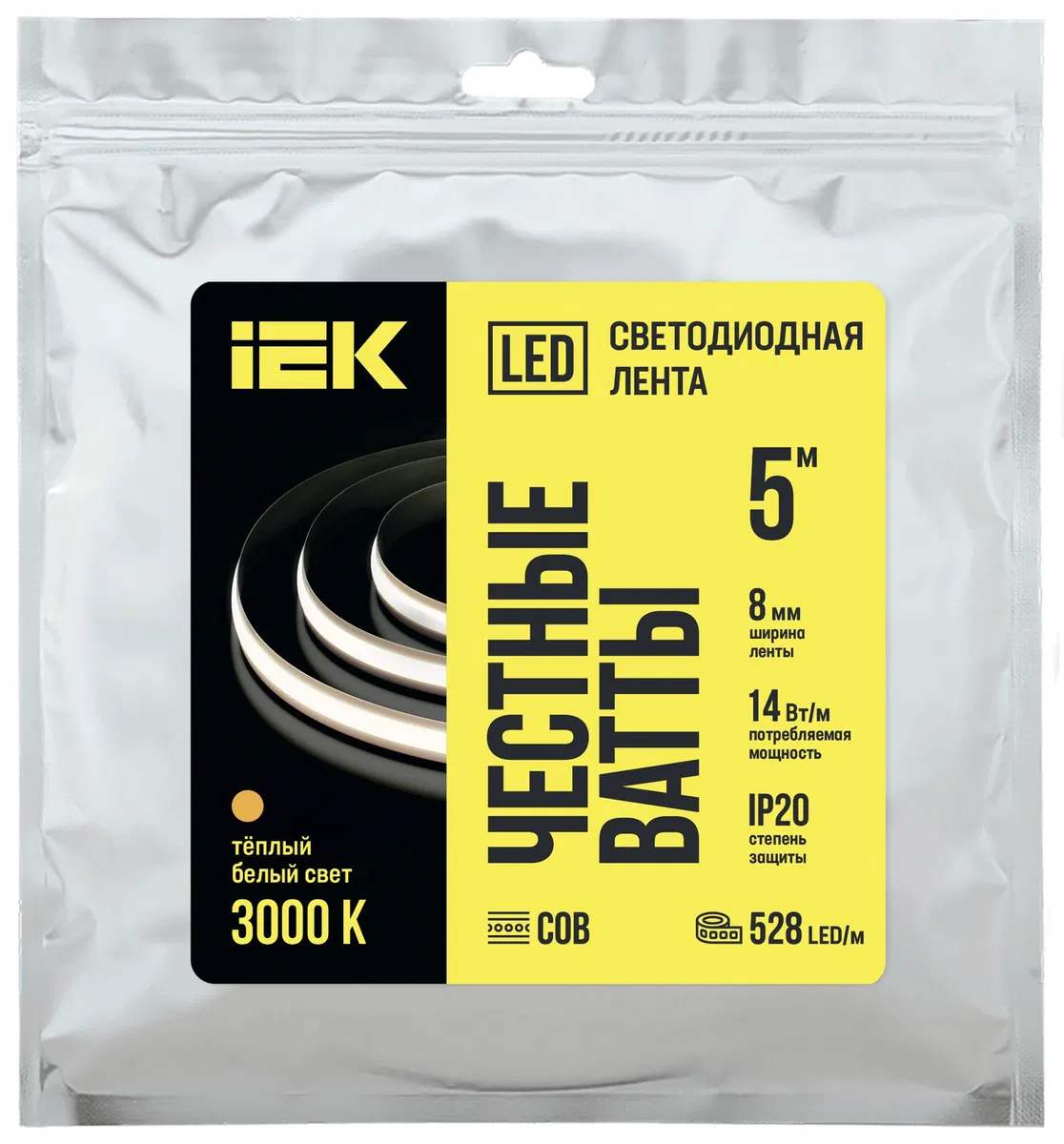 Лента светодиодная 5м COB 528LED/м freecut свободная резка 14Вт/м IP20 ширина 8мм 24В теплый белый IEK LSR11-1-528-20-05