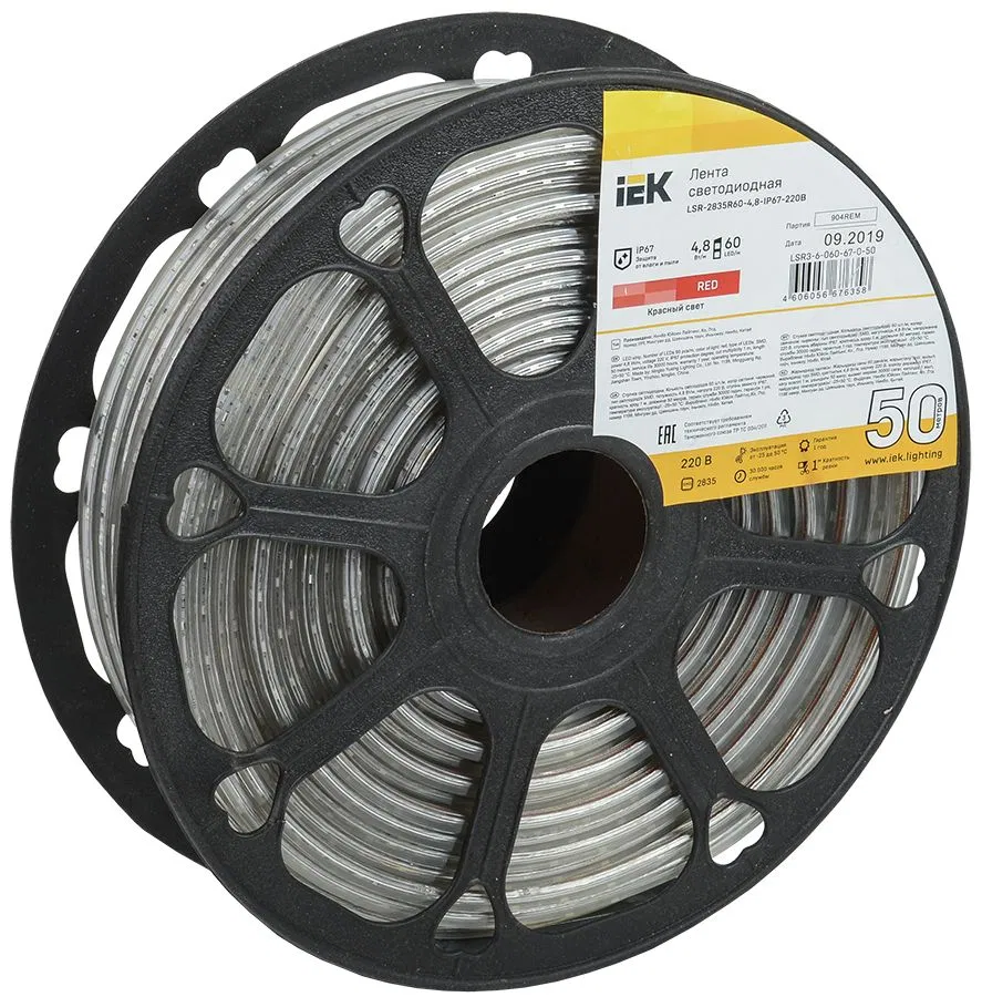 Лента светодиодная 50м LSR-2835R60-4,8-IP67-220В IEK LSR3-6-060-67-0-50