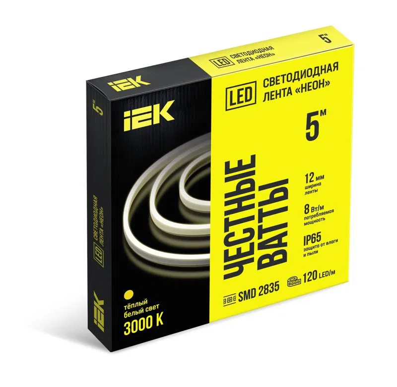 Лента светодиодная "неон" 2835-120LED 8Вт/м IP65 12мм 24В 3000К (уп.5м) IEK LSR6-1-120-65-3-05