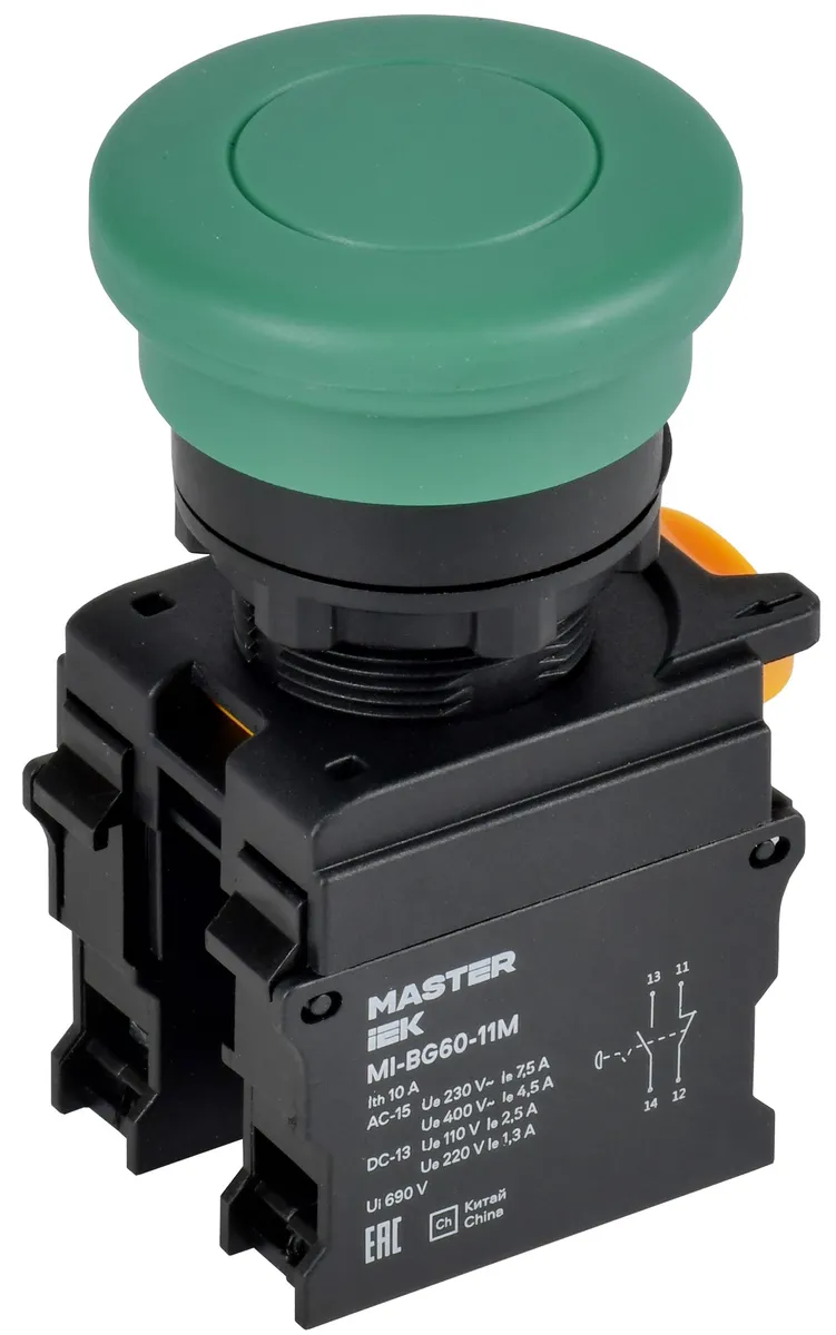 Кнопка "Грибок" без фиксации d=22мм 1NO+1NC зелёная MASTER MI-BG60-11M-3-21-K06 IEK